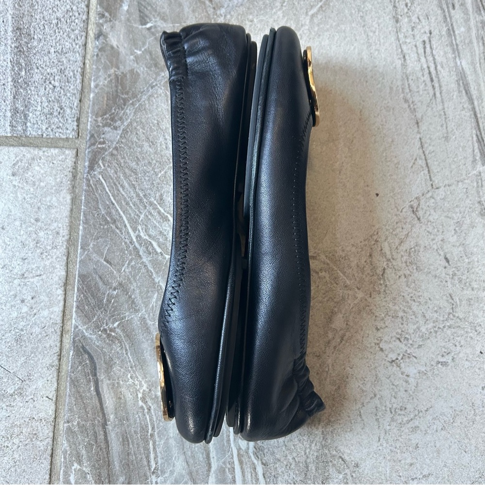 Tory Burch Black Gold Leather Minnie Travel Ballet Flats, Size 7.5 Like New - Picture 6 of 11